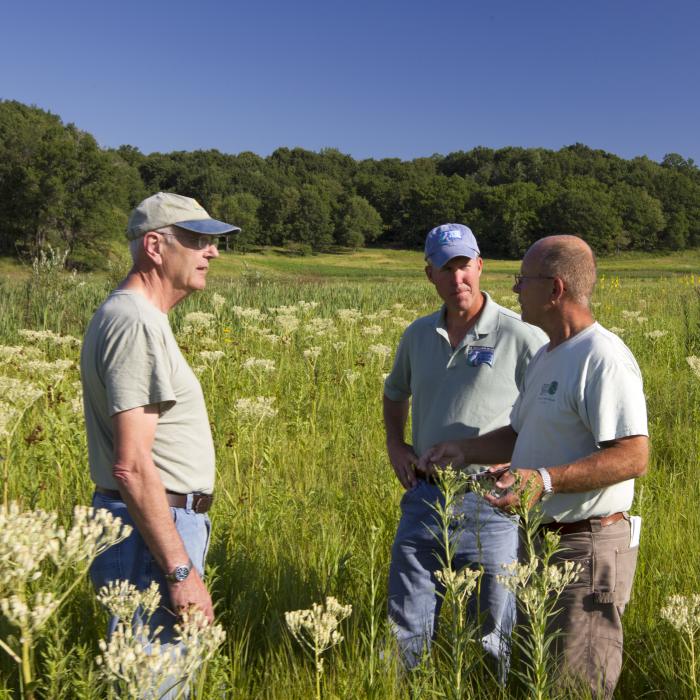 A USFWS biologist meets with a group of landowners during a site visit at the SwampLovers Foundation property in Cross Plains, Wisconsin.