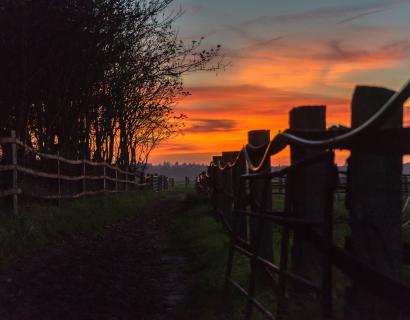 A white wooden fence stretches across open countryside under an orange sunset sky.